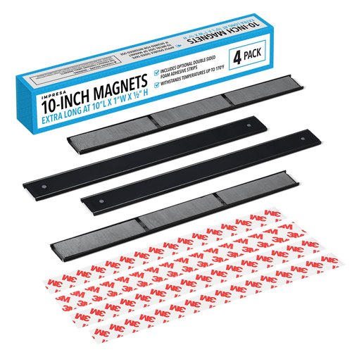 Impresa Extra-Long Adhesive Magnets for Kitchen Appliances - 10-Inch Magnetic Strips - Heat-Resistant Ferrite Magnets for Fireplace Draft Blockers, Brick Surfaces & Floating Spice Racks