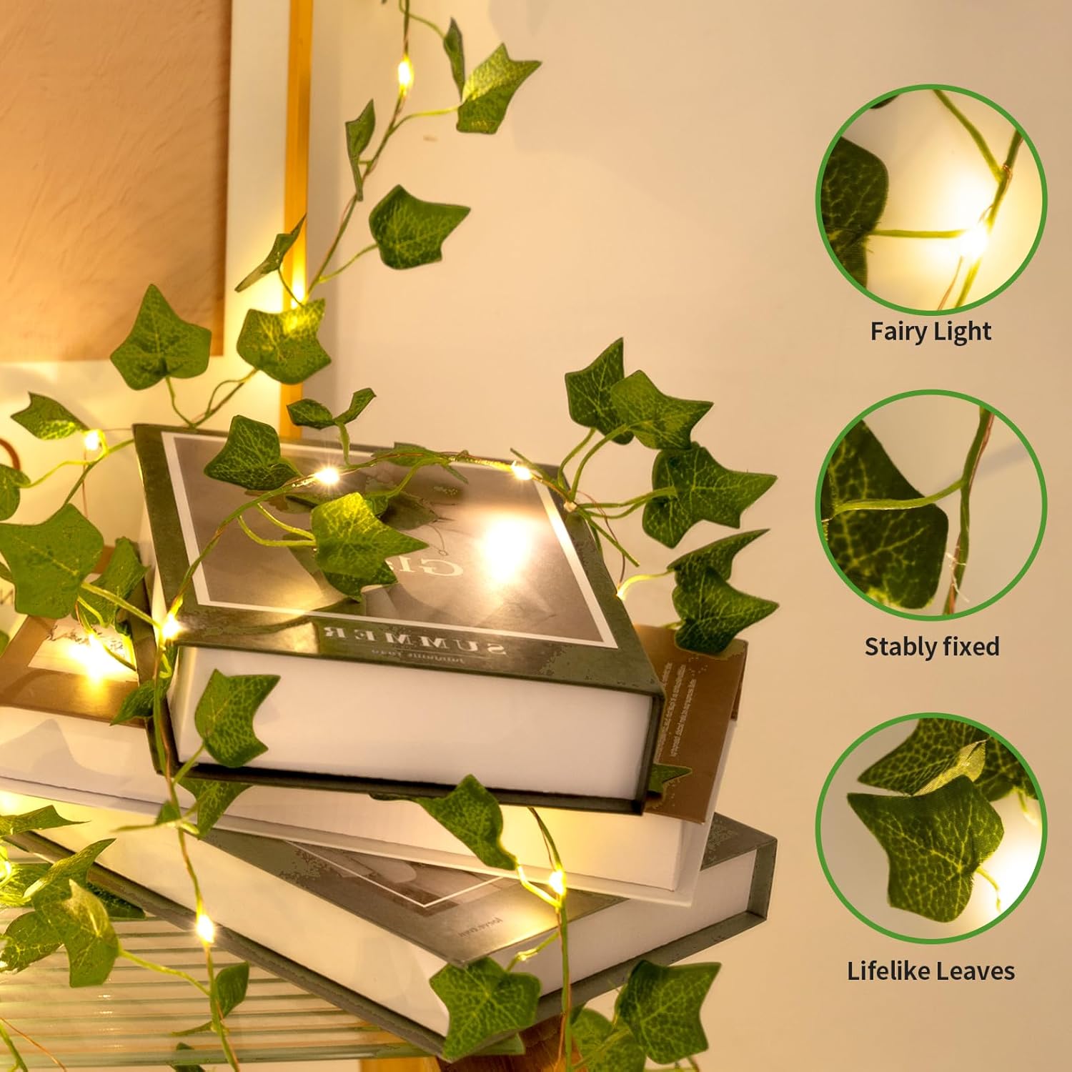 Skiennix 33ft LED Artificial Ivy Garland - 100 Fairy Lights for Home, Office & Garden Decor