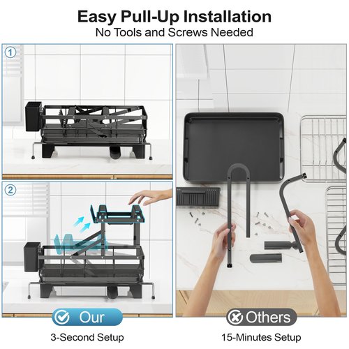 GSlife Large Dish Drying Rack 2 Tier, Expandable Kitchen Dish Drainer for Pots and Pans, 360° Swivel Spout, Rust-Resistant Metal Dish Rack with Utensil & Cup Holder, 16.9" W x 14.4"-22.4" L, Black