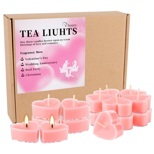 50-Pack Pink Heart Tea Wax (4-Hour Burn) - Rose-Scented Candles for Valentine's Day, Anniversaries, Weeding,Pool Parties & Romantic Decor & Special Occasions.