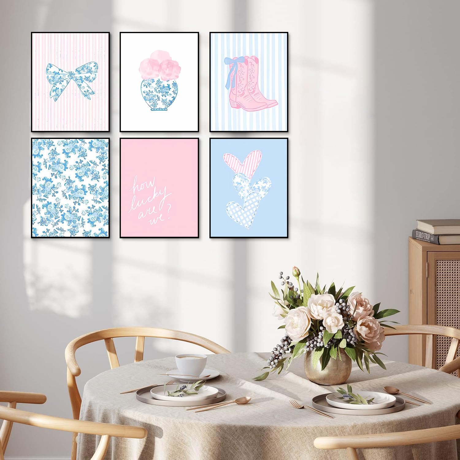 Skiennix Floral Bow Wall Art - Trendy Chinoiserie Watercolor Heart Canvas Prints | Unframed 8x10in