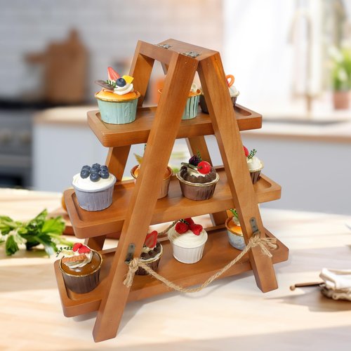 Tnstbiee Rustic 3-Tier Cupcake Stand - Wooden Desserts Stand for Cakes,Pastries &Fruits - Removable Trays& Foldable Design-Perfect for Parties Home Events and Weddings-Ideal Gift For Party Enthusiasts