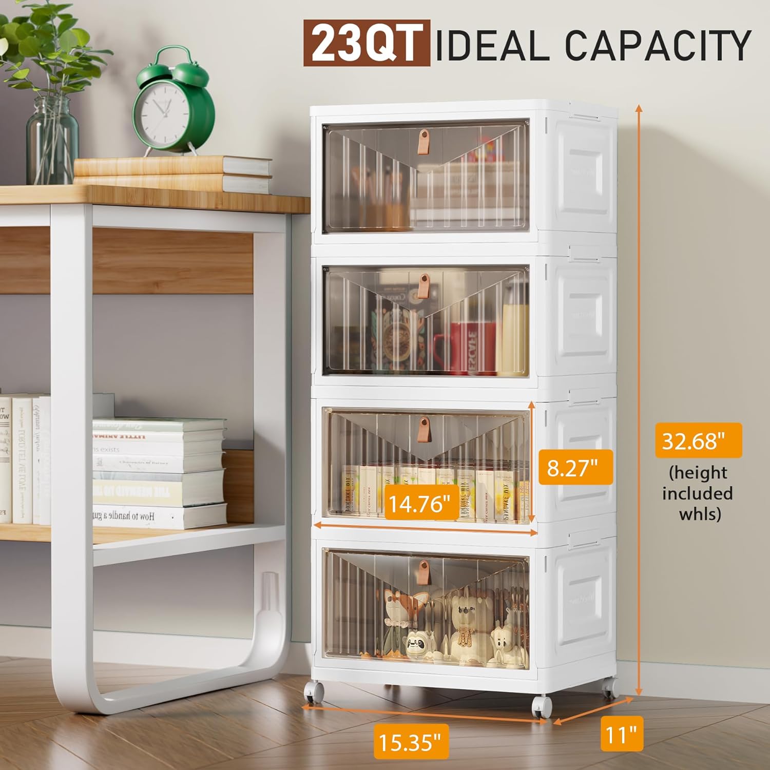Skiennix 4-Tier Storage Bins - Stackable Closet Organizers with Lids & Wheels | 23QT Foldable Plastic Containers - White