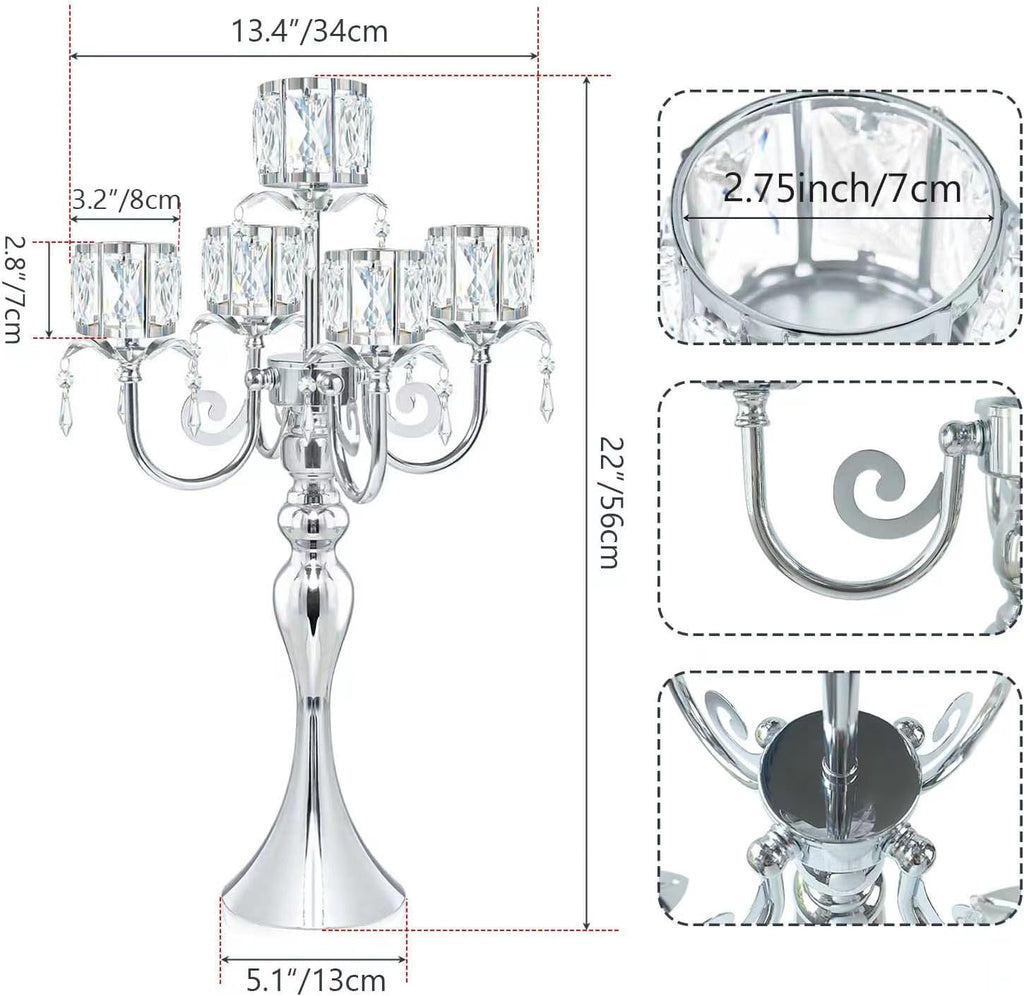Regine Switzerland Silver 5-Arm Crystal Candle Holder - 22-Inch Elegant Table Centerpiece for Weddings & Home Decor