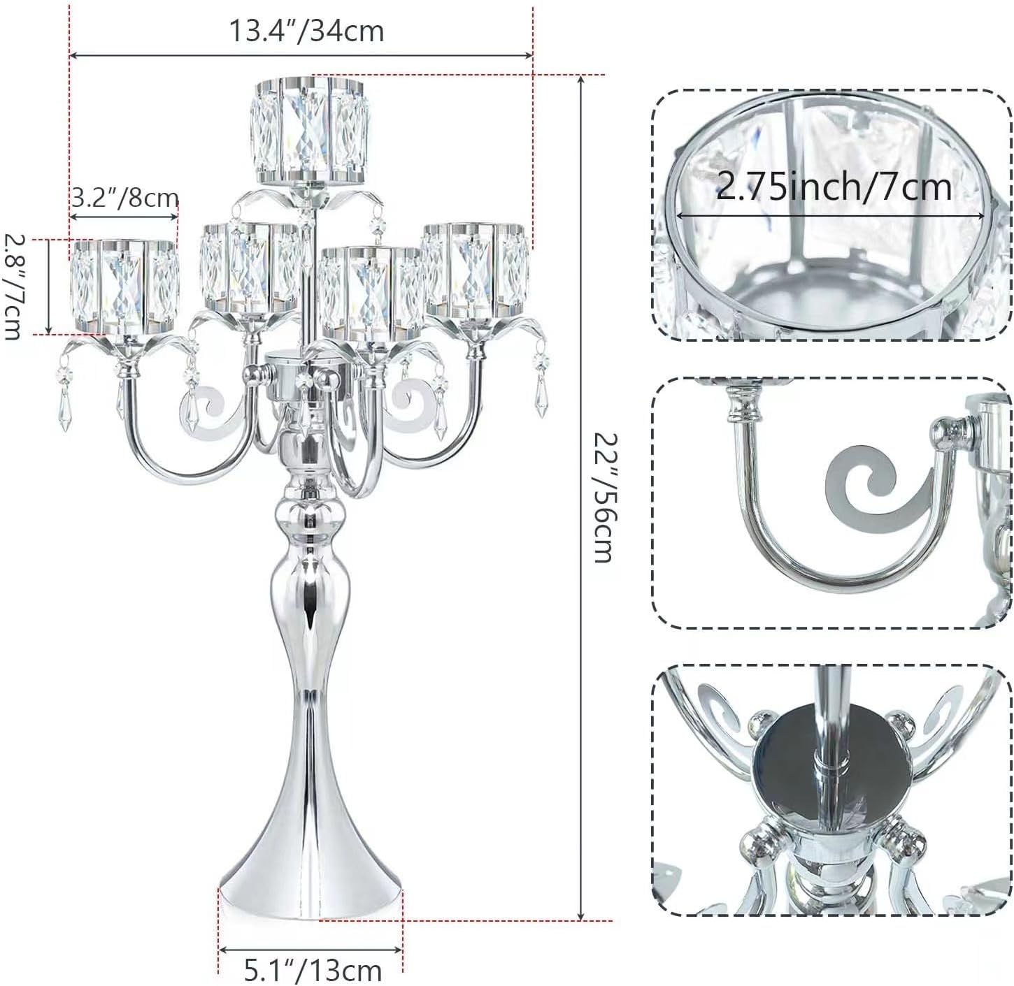 Regine Switzerland Silver 5-Arm Crystal Candle Holder - 22-Inch Elegant Table Centerpiece for Weddings & Home Decor