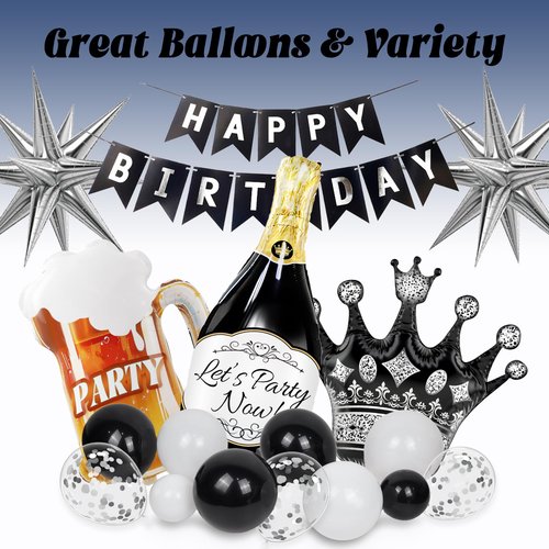Black and Silver Birthday Party Decorations, Black Silver White Foil Balloons Happy Birthday Banner Fringe Curtains for 16th 18th 21st 24th 32th 40th 50th 60th Birthday Decorations for Men