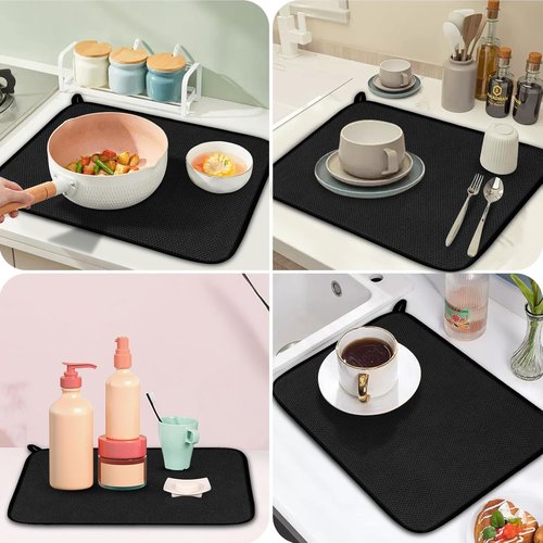 GeeRic Microfiber Dish Drying Mat - Super Absorbent & Reversible Kitchen Pad | 12x16 Inch Black