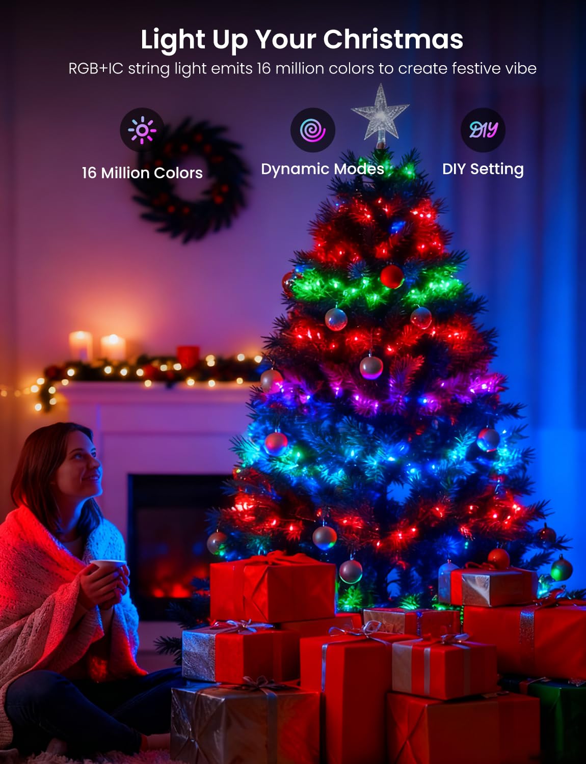 YULINKCO Smart RGB+IC String Lights with 300 LED, 98 FT Indoor Color Changing Christmas Lights, APP & Remote Control, 84 Scenes, Music Mode, Christmas Tree Decor