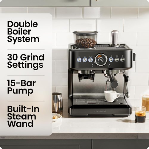 Chefman Crema Deluxe Espresso Machine - Double Boiler & Milk Frother for Simultaneous Brewing | Professional Coffee Maker with Grinder & 30 Grind Settings