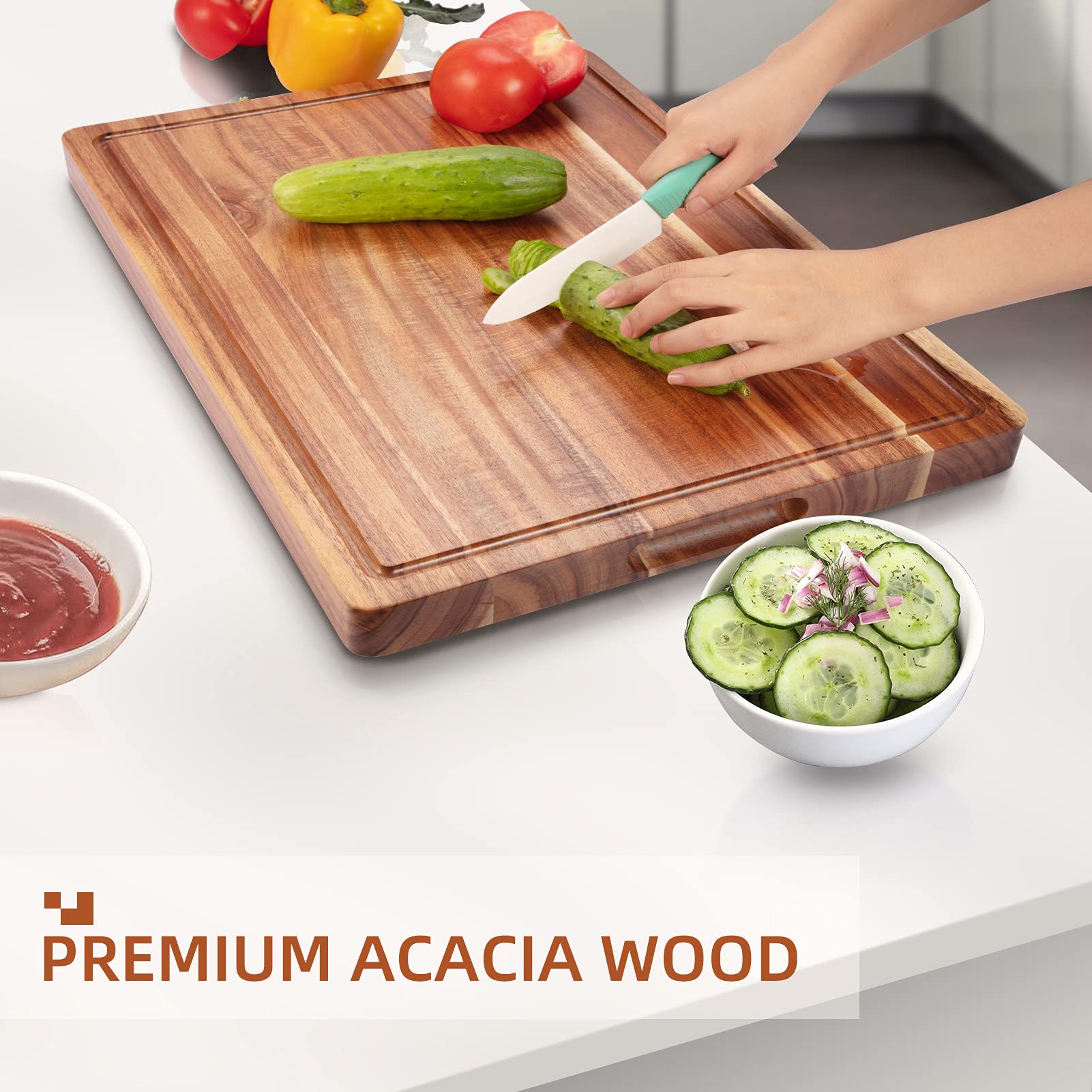 GAOMON 24 x 18 Large Acacia Wood Cutting Board, Extra Large, with Handle, Juice Groove, Reversible, Rectangular