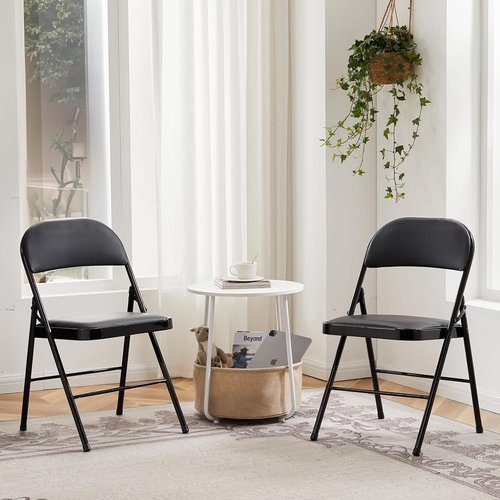 DUMOS Leather Padded Folding Chairs - Portable Stackable Steel Frame Seats for Home & Office | Black, 2 Pack