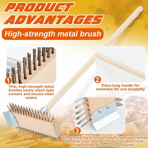 Kritkin 2 Pcs Stainless Steel Grill Brushes, Grill Scraper with 30'' Long Wooden Handle Commercial Oven Charbroiler Cleaning Brush for Outdoor Kitchens BBQ Restaurants