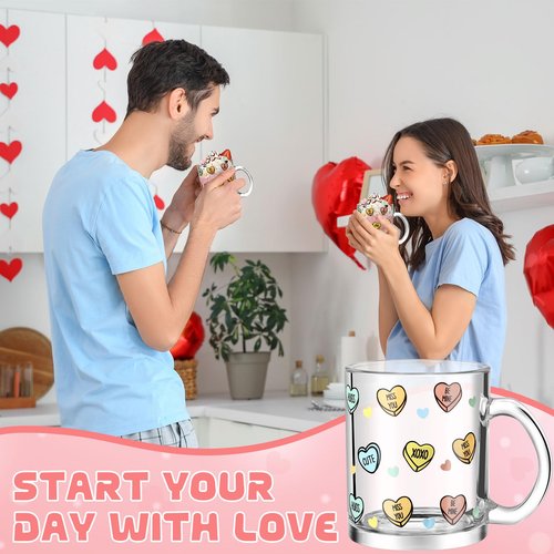 Maxcheck 6 Pack 12 oz Valentines Day Heart Glass Coffee Mugs with Handle Heart Glasses Cups Love Drinking Glasses for Valentine's Day Party Supplies Gifts