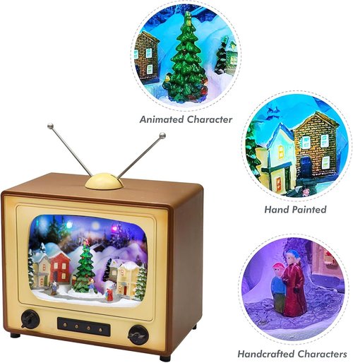 Moments in Time | Animated Retro TV Christmas Village Scene - 6” Hand-Painted Lighted Décor with LED Lights & Moving Tree