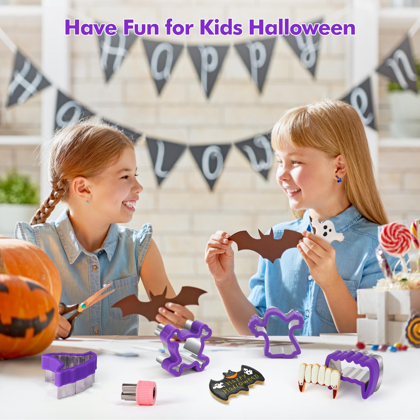 NPET Halloween Cookie Cutters for Kids Lunch 10Pcs, DIY Uncrustable Halloween Kids Lunch Cookie Cutters Peanut Butter & Jelly Cookie Cutter Gifts Press Boys Girls Purple