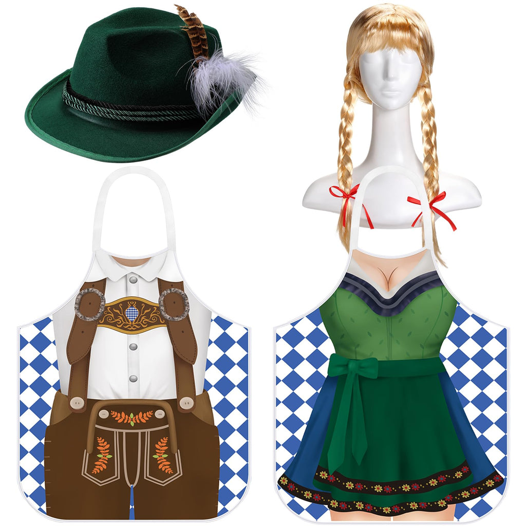 Langyiwee 4 Pcs Oktoberfest Costume Couple Cooking Aprons German Hats Blond Wig Oktoberfest Dress(Green, Brown,Classic)