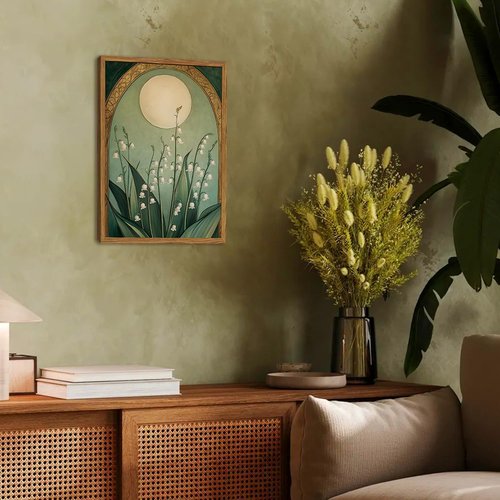 Framed Vintage Lily of the Valley Wall Art - Moody Boho Floral Canvas Print | Emerald Green 12x16in