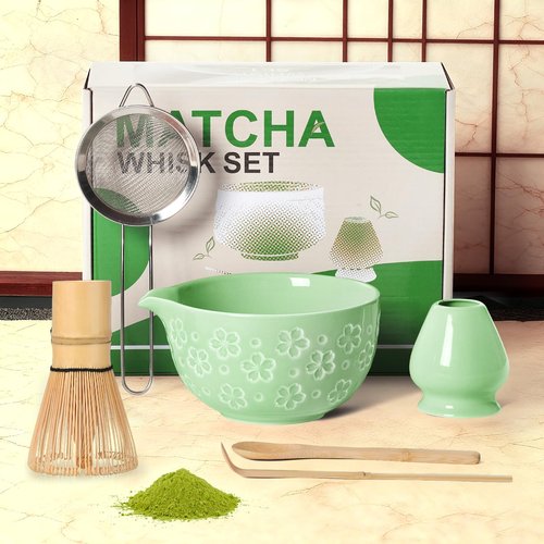 Matcha Whisk Tea Set Kit: Japanese Matcha Kit - Ceramic Bowl Bamboo Whisk Chasen Holder spoon Measuring Scoop Sifter - Traditional Practical for Tea Ceremony Breakfast Lattes - Home Kitchen Christmas