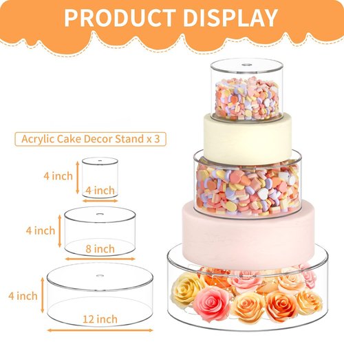 NPPLUS 3PCS Clear Acrylic Cake Stand, Fillable Cake Box Riser Cake Tier, Round Cake Display Box with Lid, Decorative Centerpiece Box for Wedding Birthday Party (12" Dx4 H,8" Dx4 H,4" Dx4 H