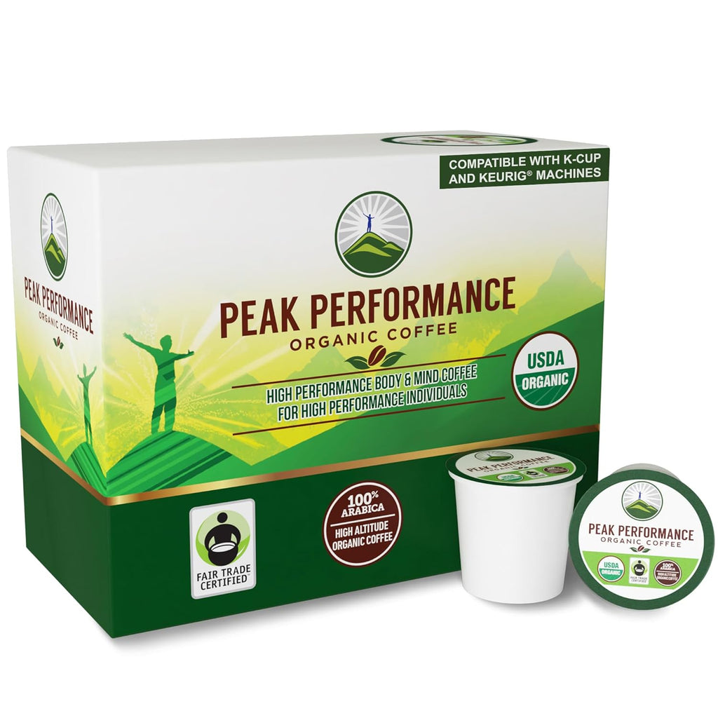 Peak Performance USDA Organic Coffee Pods - Medium Roast, Low Acid, Fair Trade - 24 Recyclable Cups for K-Cup & Keurig Machines