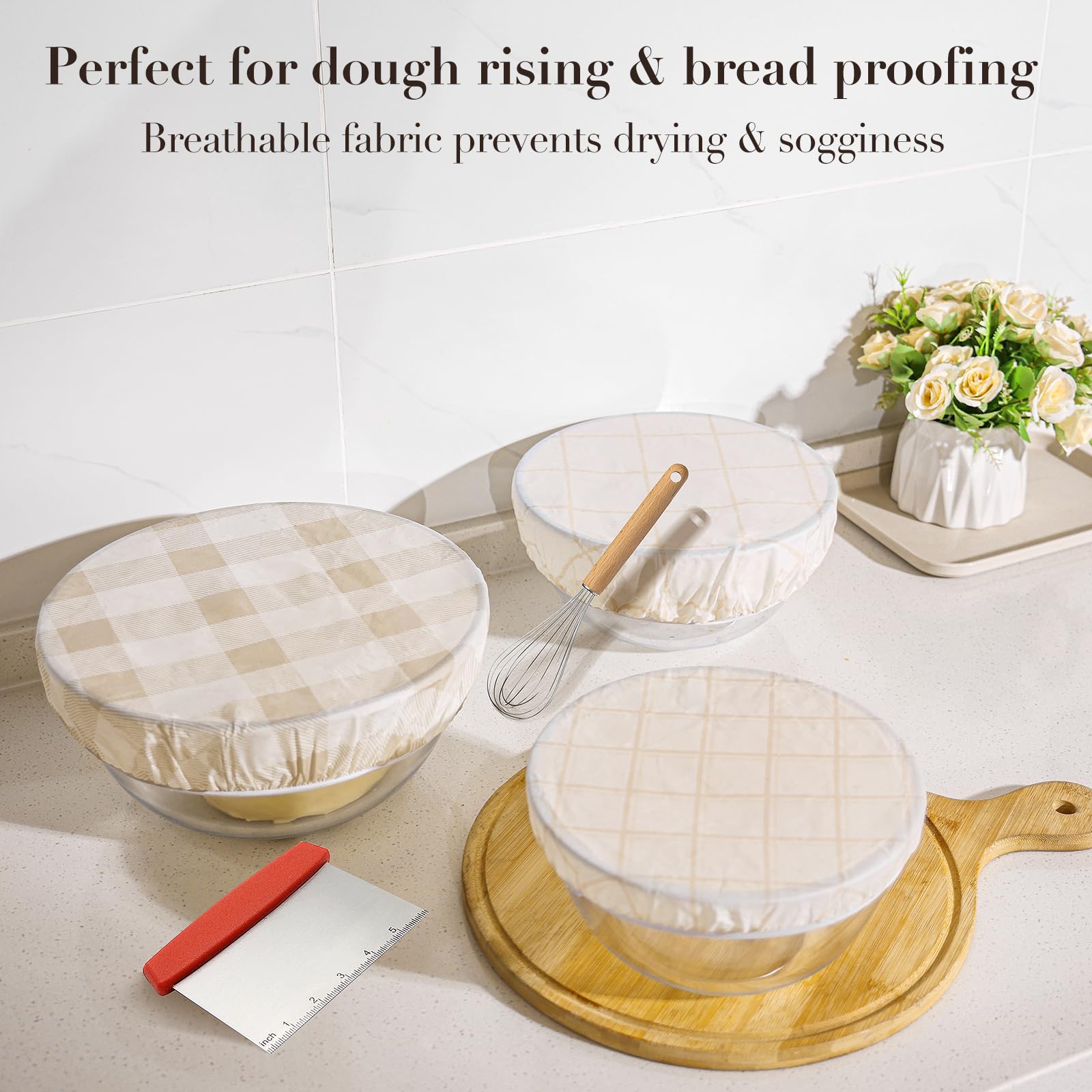 Tirphy Reusable Bowl Covers for Bread Proofing - Beeswax Bowl Covers Reusable 8/10/12 Inch - Elastic Cotton Cloth Sourdough Cover - Shower Caps for Sourdough Bread