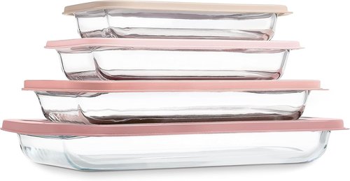 Cook With Color 8-Piece Glass Baking Dish Set with Lids - Deep Casserole & Food Storage, Oven Safe, Pink