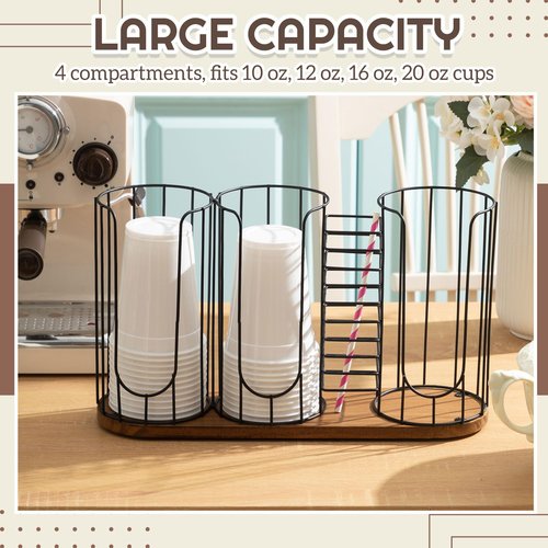 Geelin Coffee Cup Dispenser, Cup Holder Organizer for Storing Paper Cups, Straws, Lids and Disposable Tableware(4-Compartment Single Layer, Black and Brown)