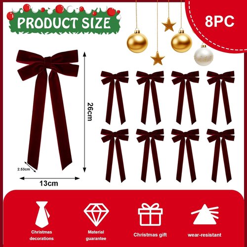 Burgundy Velvet Ribbon Bows by [Brand Name] - 8 Pcs 5in x 10in Ornaments for Christmas Tree & Gift Wrapping