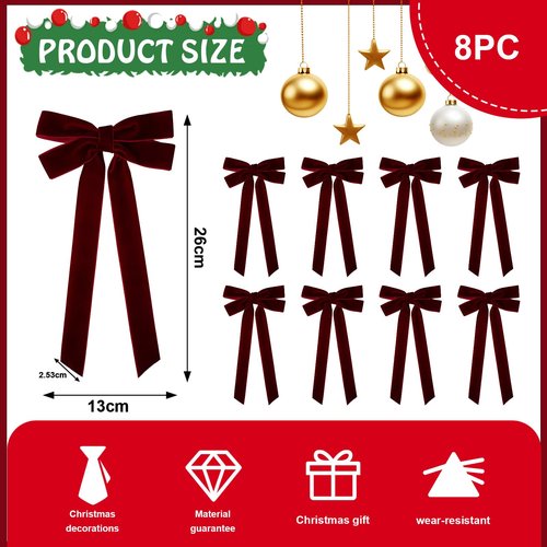 8Pcs Burgundy Velvet Ribbon Bows for Christmas Tree Decorations, 5in x 10in Bows Ornaments for Christmas Tree Wreath Mantle Stair Garland Wreath Gift Wrapping Candy Bags Party Decor (Width of 1")