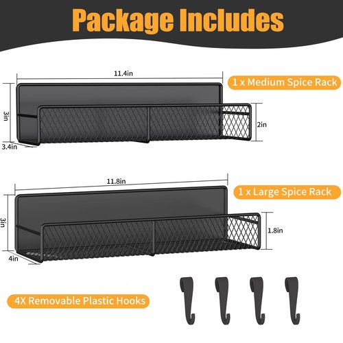 Magnetic Spice Rack for Refrigerator, 2 Pack 100% Metal Strong Magnet Shelf Black, Moveable Spice Organizer with Hooks, Magnetic Fridge Shelf for Kitchen Home Laundry Room Organization and Storage