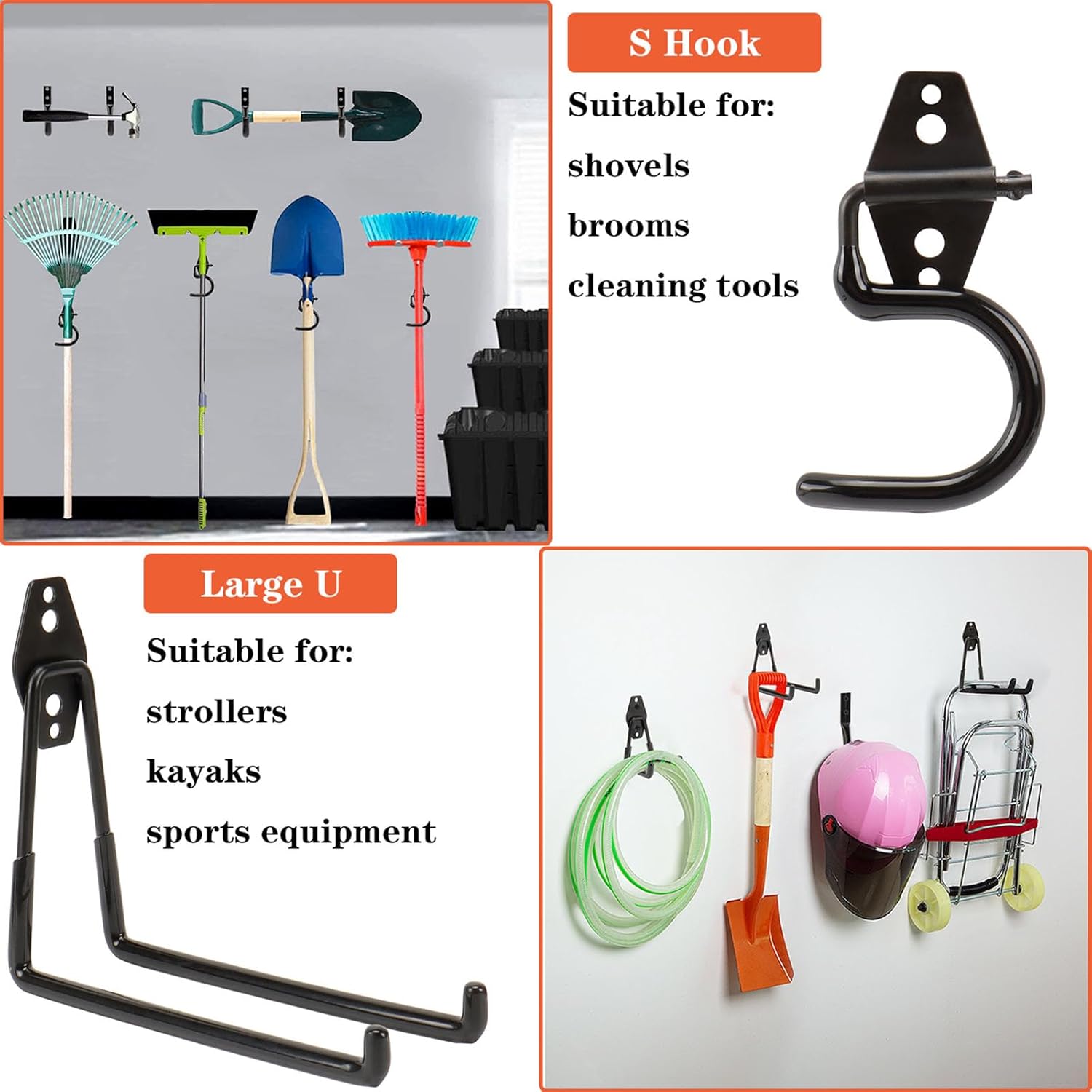 TocTen Garage Hooks - Heavy Duty Solid Steel Wall Mount Storage Kit | 14 Pack with Anti-Slip Coating for Tools & Ropes (Black)