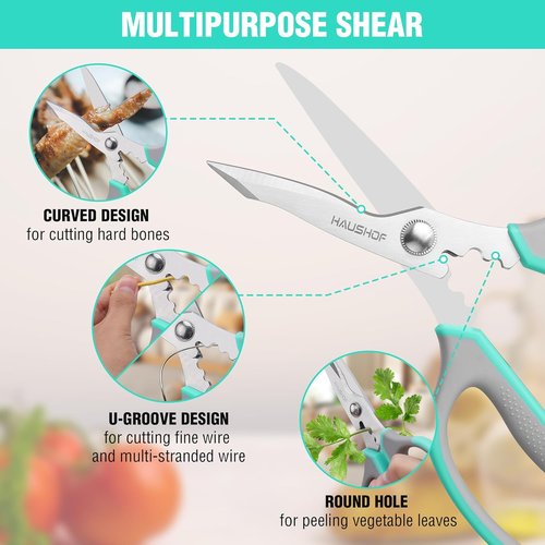 HAUSHOF Kitchen Scissors - Heavy Duty Stainless Steel Shears with Soft Grip | 8.25" U-Groove Design for Meat & Vegetables