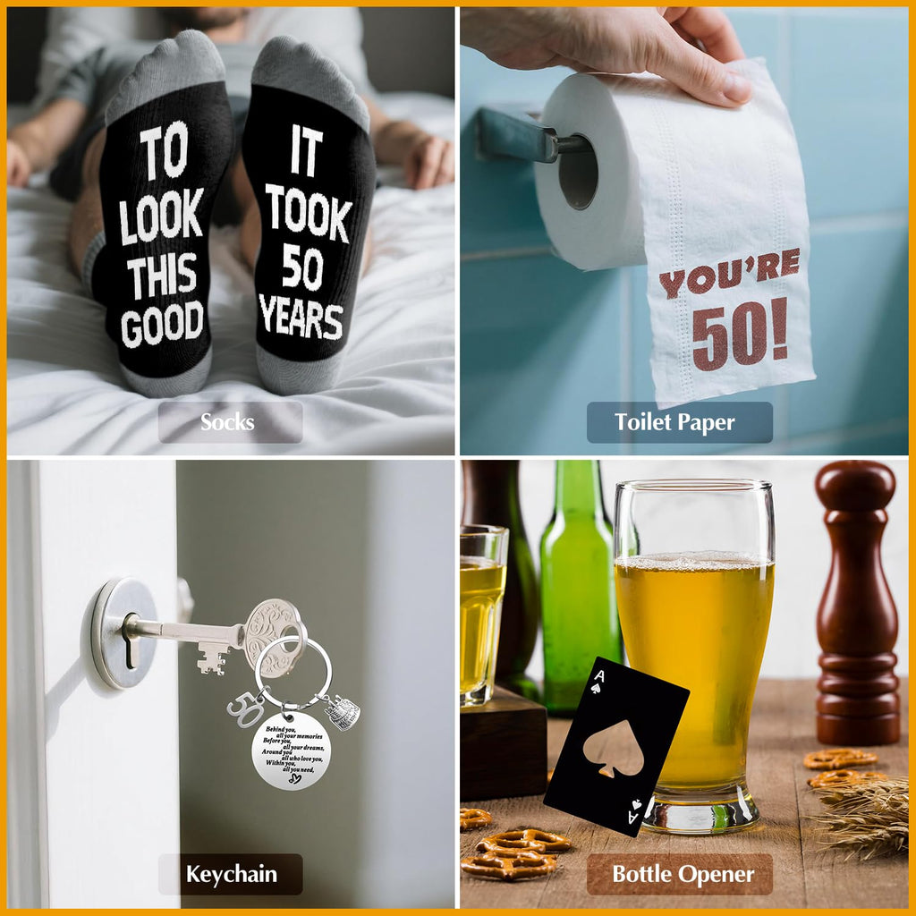 NVTROVI 50th Birthday Gifts for Men Whiskey Glass Set, 50th Birthday Party Supplies with 11 Oz Whiskey Glass Coaster Stone Baseball Cap Apron Sock Toilet Paper Keychain for Him, Dad, Husband, Friends