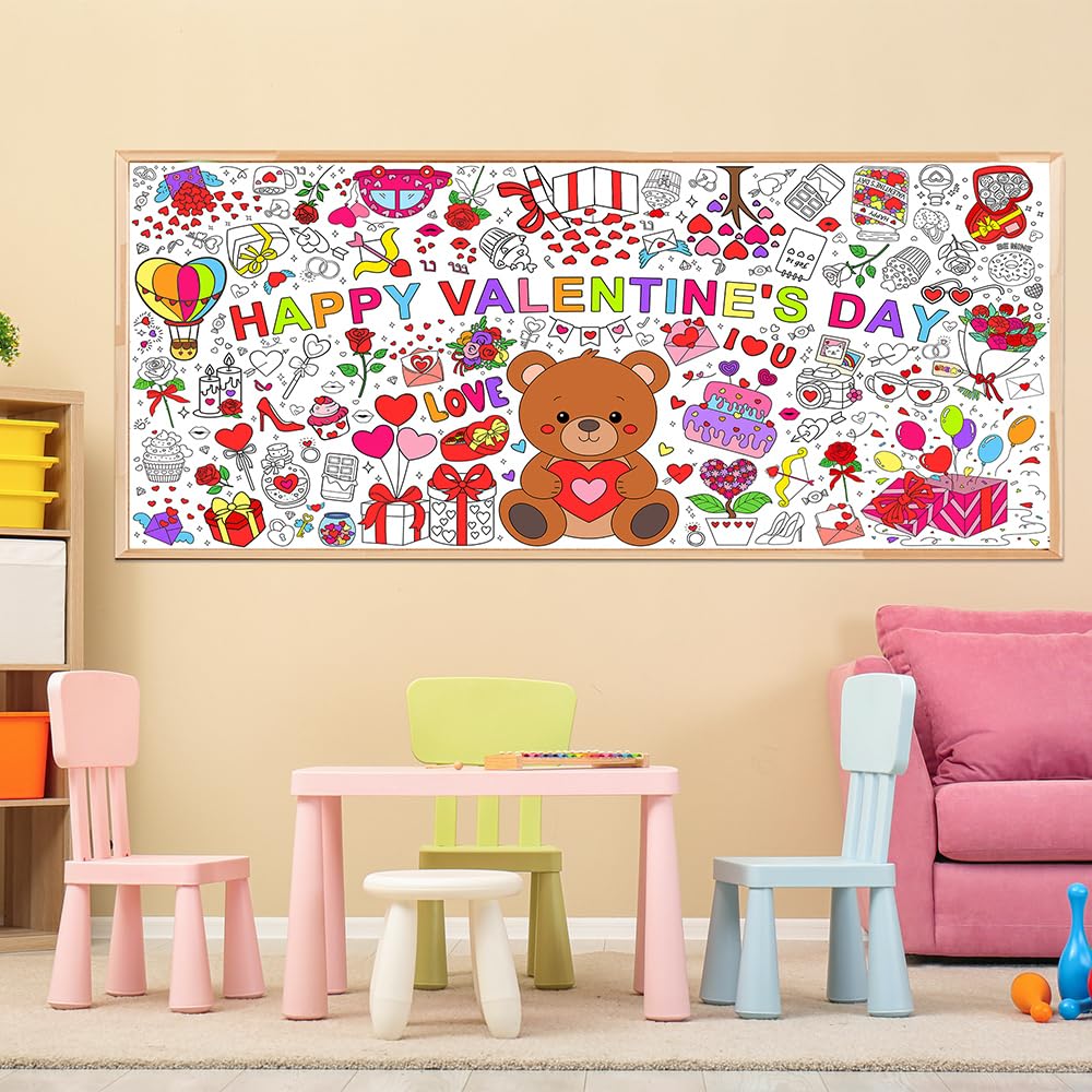 Valentines Tablecloth Decorations, Valentines Crafts for Kids, Essentials Valentine Day Coloring Games Activities Gifts Poster Banner Table Cover for Valentine Children Family School Party Decor