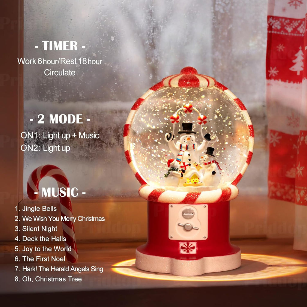 Priddop Snowman Snow Globe | Musical Glitter Christmas Decoration - 7.8 Inch USB/Battery Timer Gift