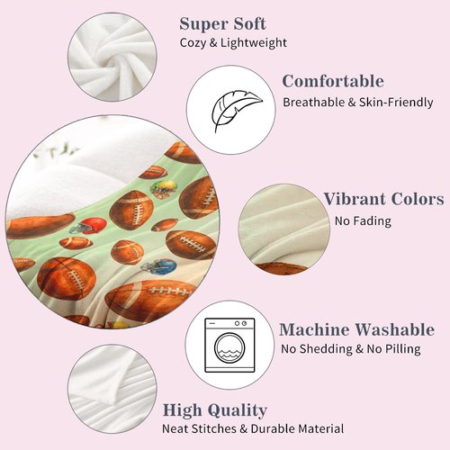 Football Blanket 50x60, Soft Flannel Fleece Stadium & Couch Throw, Watercolor Football Helmet Pattern, Neutral Sage Green Beige, Game Day Bleacher Blanket for Adults