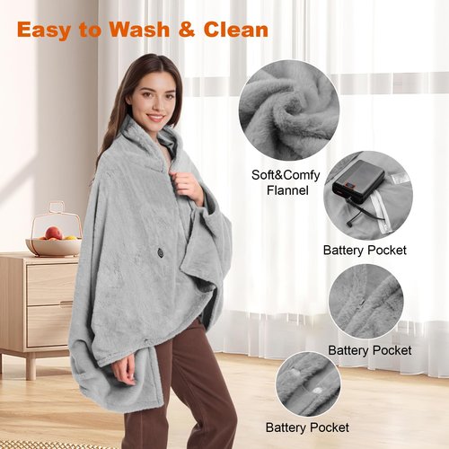 Brimekey Graphene Heated Blanket Battery Operated, 20000mAh Battery 7.4V Fast Heating Blanket Portable Heated Shawl, Cordless Rechargeable Heated Shawl 3 Temperature Settings, Gift for Women (Gray)