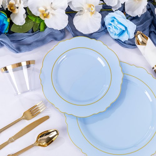 Liacere 175PCS Bule Plastic Plates - Disposable Ligh Bule and Gold Plates - Baroque Plastic Dinnerware 50Plates, 25Pack Pre Rolled Napkins with Silverware 25Cups for Baby Shower Party &Easter Day