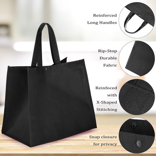 Boao 48 Pack Reusable Grocery Bags 13''L x 9.4''W x 15''H Large Foldable Shopping Tote Bag Non Woven with Handle and Button(Black)