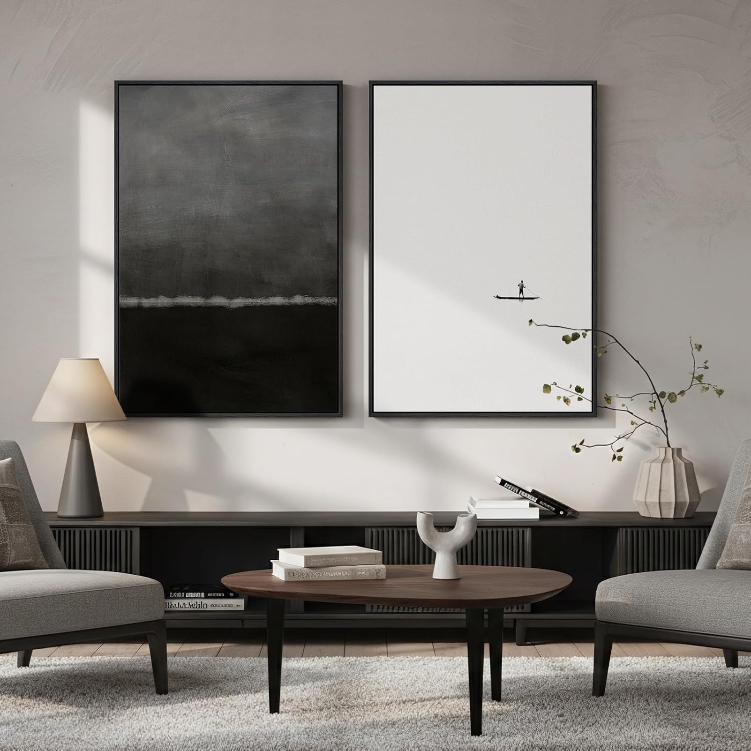 Skiennix Framed Black and White Abstract Wall Art - Large Set of 2 Minimalist Canvas Prints | 24x36 In Seascape Decor for Living Room, Bedroom, Office