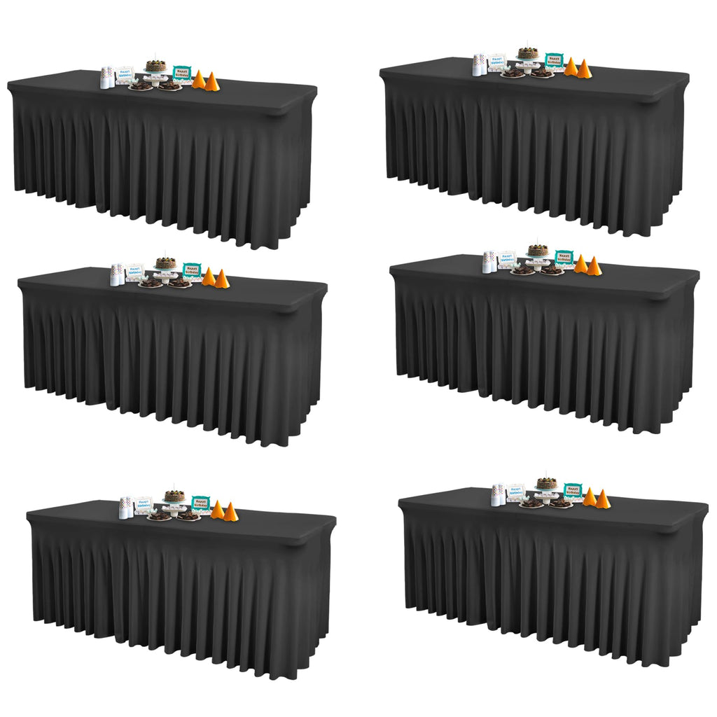 Shillance 6 Packs Black Spandex Table Covers 6 Foot, Fitted Stretch Table Cloth with Skirts 72x30 Inch, Wrinkle-Free Floor Length Rectangle Tablecloths for Trade Show Weddings Parties Banquets Events