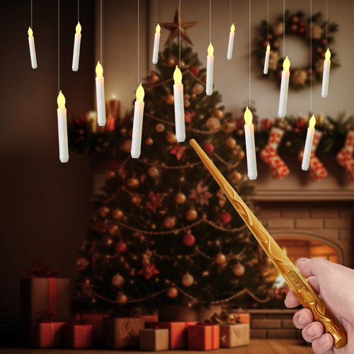 Raycare Floating Candles with Wand, 12 Pcs Magic Hanging Candles Flameless, Flickering Warm Light LED Taper Candle with Wand Remote, Battery Operated Window Candle for Halloween Witch Wizzard Decors