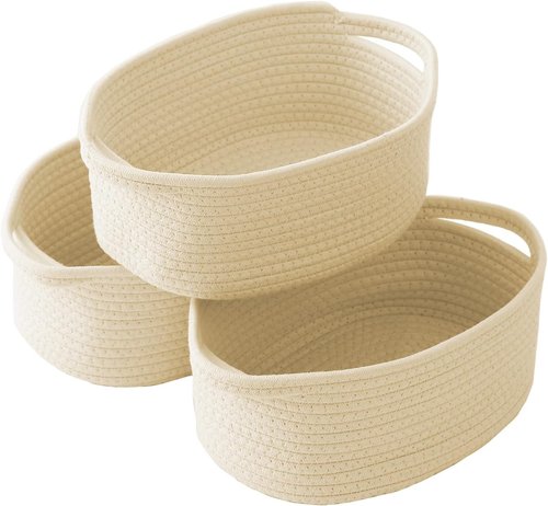 JMvicyroam Woven Basket - Small Rope Storage Bin with Handles | Versatile Organizer for Shelves & Closets - Beige (3 Pack)