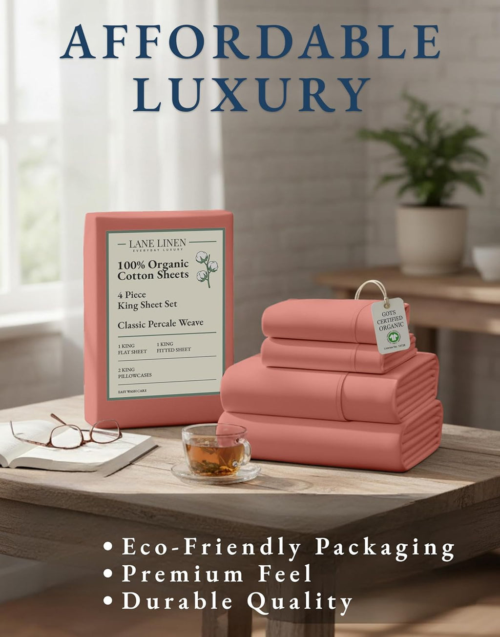 **LANE LINEN 100% Organic Cotton King Sheet Set - Fully Elasticized, Fade Resistant & Naturally Cooling - Rose Dawn**