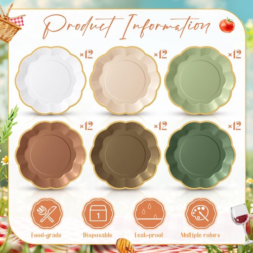 Tiangrid 72 Pcs Woodland Paper Plates 9 Inch Green and Brown Gradient Scalloped Paper Disposable Dinner Dessert Plates for Birthday Wedding Bridal Party Supplies, 6 Colors