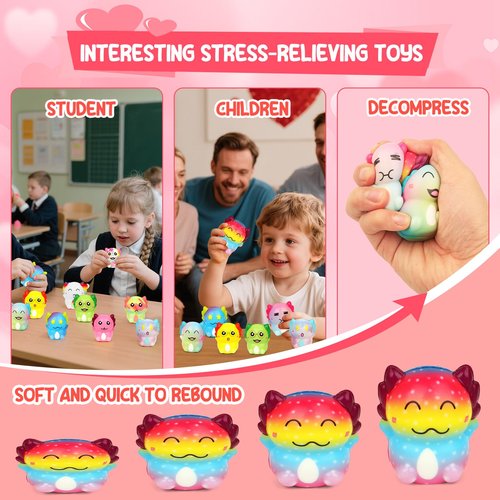 MINYSIC 24PCS Axolotl Mochi Squishy Toys for Classroom, Gifts for Kids with Exchange Cards, Classroom Party Favors for Boys and Girls, Funny Stress Relief Toys