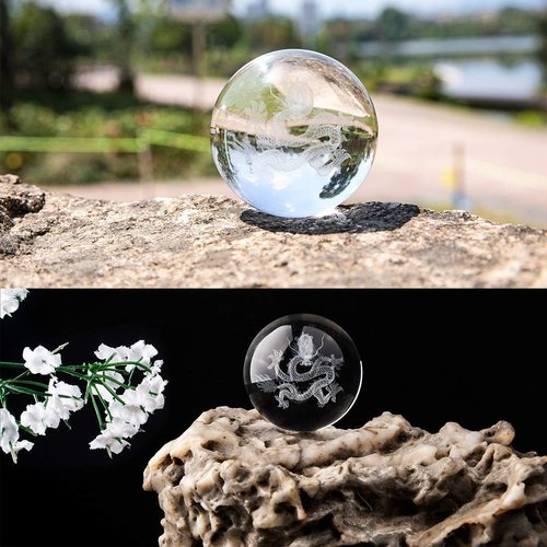 HDCRYSTALGIFTS 3D Inner Carved Dragon Crystal Ball - 60mm Glass Paperweight with Wooden Base