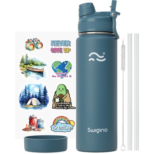 Swigina Insulated Water Bottle with Silicone Boot (36hrs Cold/18hrs Hot) - DIY Stickers, Leakproof, BPA Free, 24 oz [2-IN-1 LID]