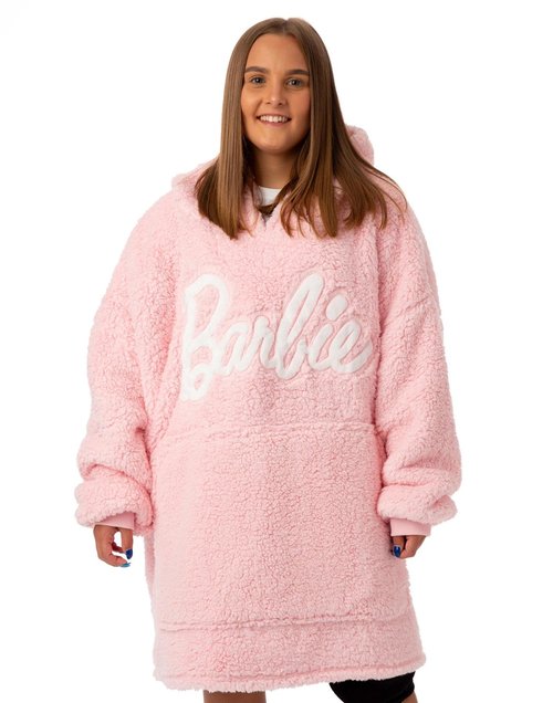 Barbie Womens Wearable Hooded Blanket | Ladies Embroidered Classic Logo Fleece Hoodie in Pink | Cozy Doll Fashion Pullover