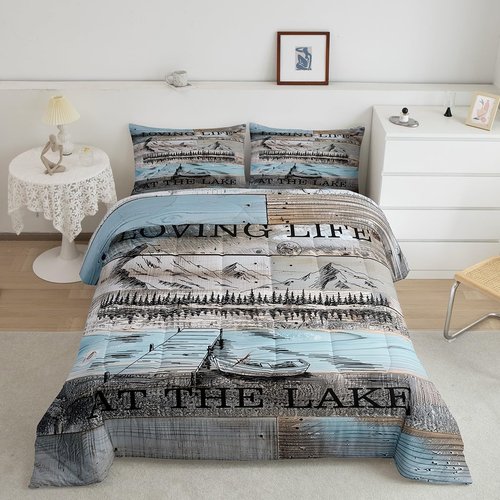 Erosebridal Lake House Queen Size Comforter Set, Rustic Farmhouse Bedding Set for Kids Boys Teens Adult Women, Wooden Bridge Blue Grey Duvet Sets Mountain Barn Door Duvet Insert Gift for Lake Lover